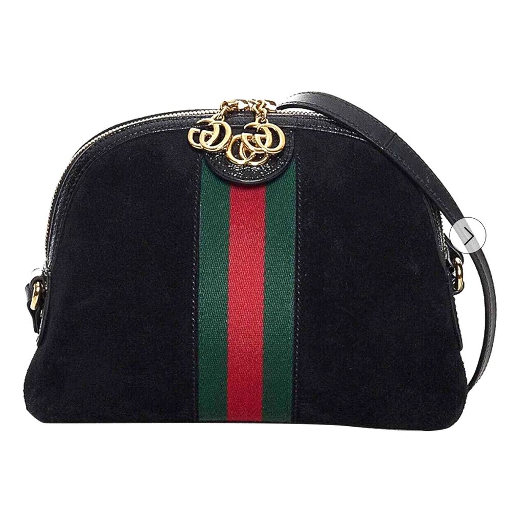 Gucci Ophidia Small Dome Black Suede Crossbody Bag GG Stripe Gold Hardware - Picture 5 of 15